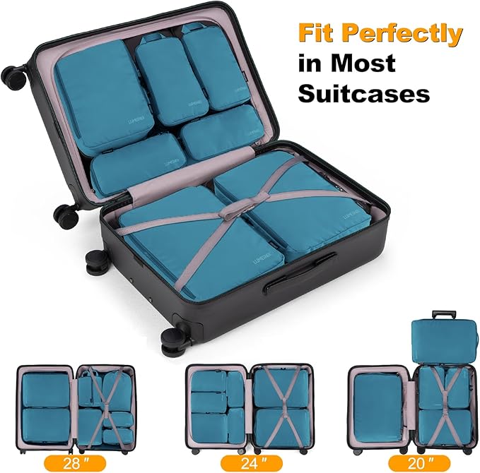8 Set Compression Packing Cubes for Travel, Waterproof Luggage Organizers, Suitcase Organizer Set for Carry-On & Checked Baggage, Travel Accessories for Men & Women