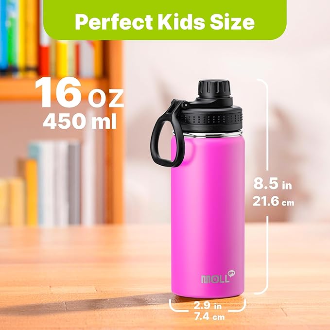 16 oz Water Bottle for Kids-16 oz Stainless Steel Vacuum Wide Mouth Sports Flask with Silicone Boot-Reusable Metal Leak Proof Travel Water Bottle for Girls Boys, BPA-Free(Hot Pink)
