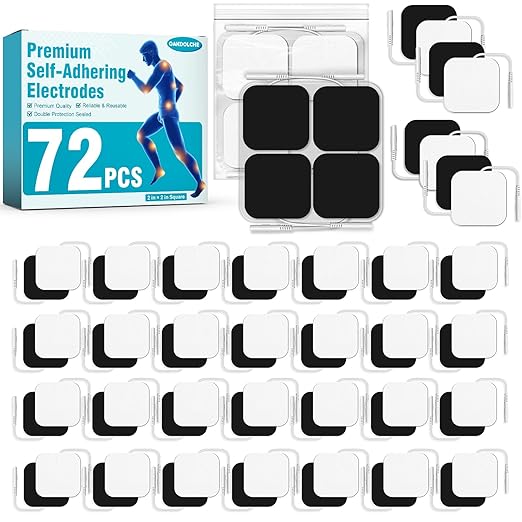 72-Pack TENS Unit Pads (2"x2"), Reusable Self-Adhesive Electrodes Pads with 0.2mm Connector, Latex-Free, Hypoallergenic & Compatible with TENS/EMS