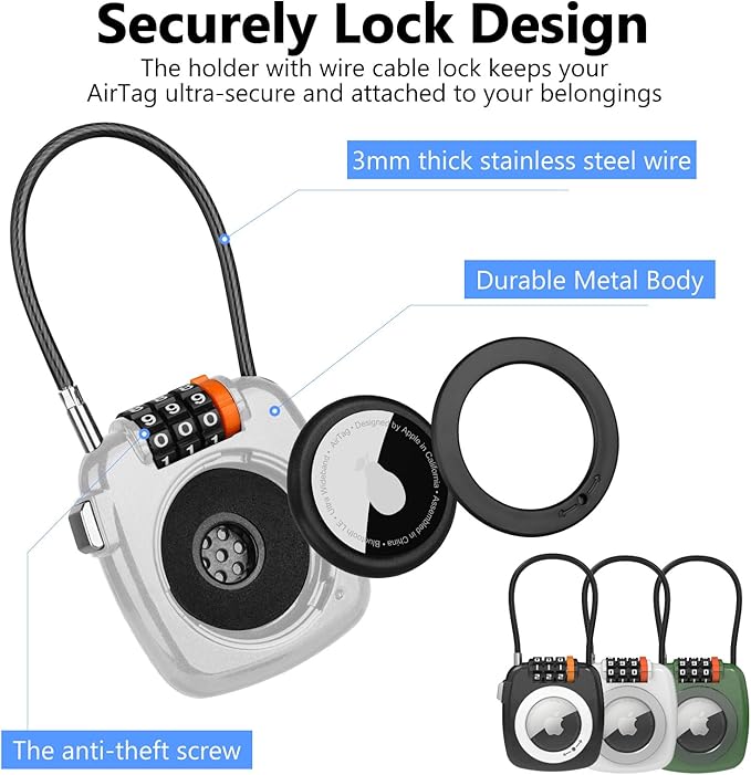 Compatible with Apple AirTag Secure Lock with Wire Cable, 3-Digit Combination Luggage Locks, Alloy Body Ultra Durable Anti-Lost Protective Case for Luggage, Bags, Suitcase, and Backpacks (WHITE)