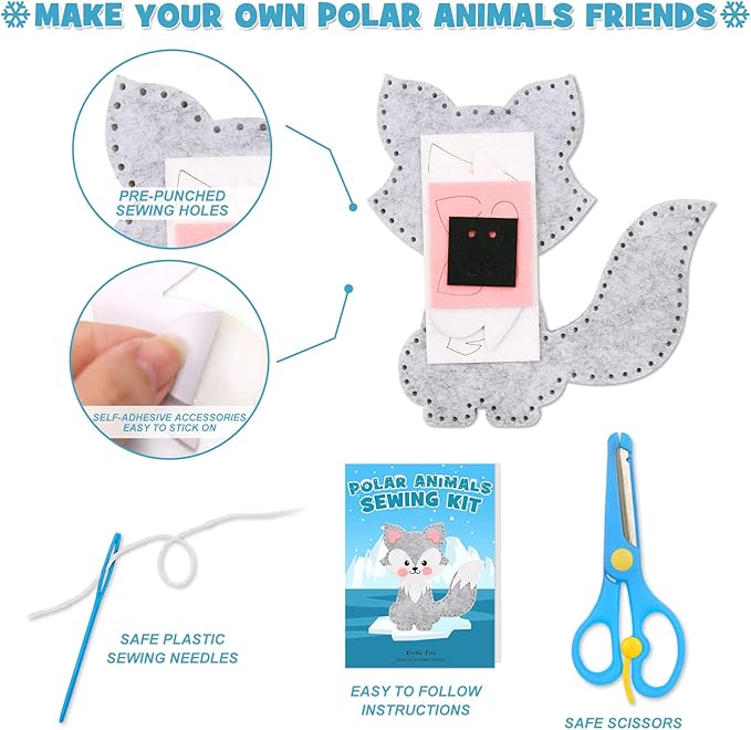 CiyvoLyeen Polar Animals Sewing Kit for Kids Make Your Own Winter Polar Animals Felt Plush Craft Kit Includes 14 Creative Projects to Sewing Beginners Fun DIY Educational Gift for Boys and Girls