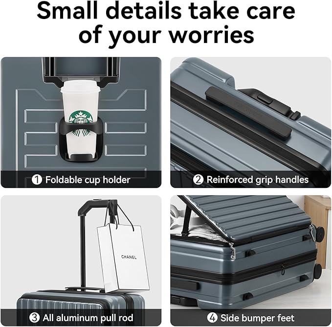 24 Inch Checked Large Luggage with Spinner Wheels Front Opening Rolling Suitcase for 5-7 Days Travel, Scratch Resistant PC Hardshell TSA Lock Cup Holder Specially Designed Ergonomic Pull Rod Handle