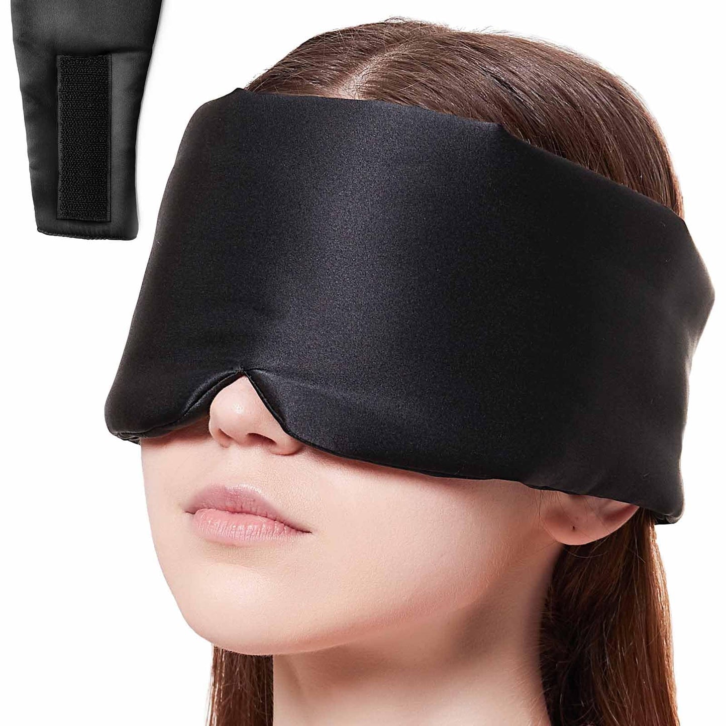 SOLZEK Nature Silk Sleeping Mask Soft Featherweight Eye Mask Large Wrap-Around Blindfold with Adjustable Velcro Blackout for Wild Sleeper Nose Cut (Black)