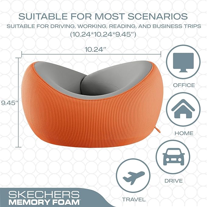 Skechers Memory Foam Neck Pillow, Comfortable & Breathable Travel Pillow, Neck Pillow Airplane for Travel, Car Rides, Home, and Office Use, Ergonomic Design for Men and Women,Orange
