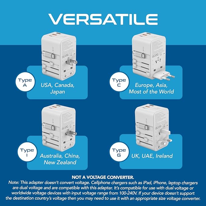 Ceptics GAN 70W Universal Travel Adapter with 65cm Retractable USB-C Cable, 2X USB-A (1x QC 3.0), 1x Type C Port (PD 70W), Universal Power Adapter with Type A, C, G, I Output