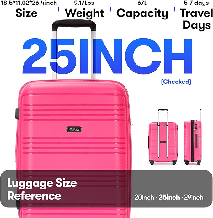 25 Inch Hardside Checked Luggage Large Lightweight Suitcase with Spinner Wheels TSA Lock, Checked-Medium 25-Inch, Dark Pink