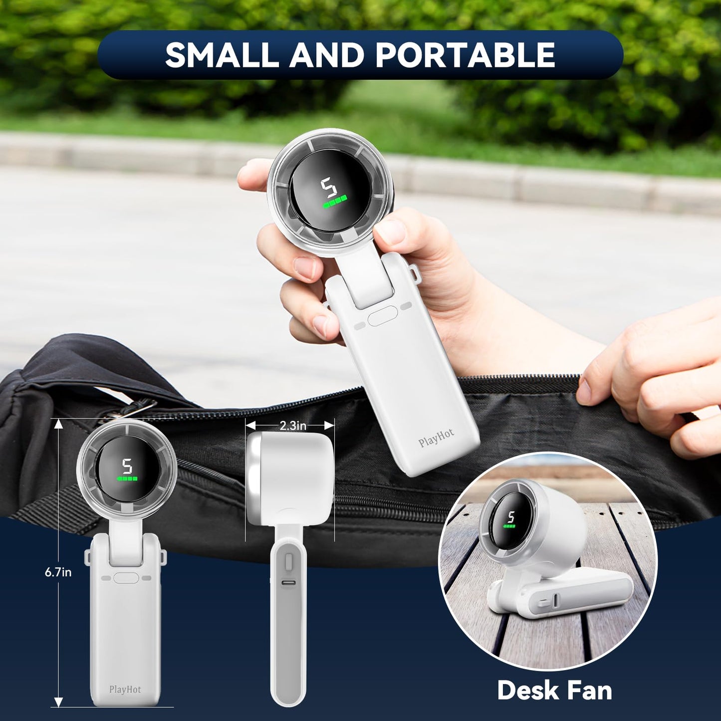 PlayHot Portable Handheld Turbo Fan, 5 Gear Wind, Battery Operated, Up to 12 Working Hours, 3 IN 1 Hand Fans with Air Turbo Tech Cooling Fan for Outdoor Activities, Travel, Beach (White)