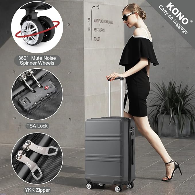 Kono 24 Inch Luggage Suitcase Lightweight with Spinner Wheels TSA Lock Hardside Medium Checked Luggage Durable Rolling Suitcase Grey
