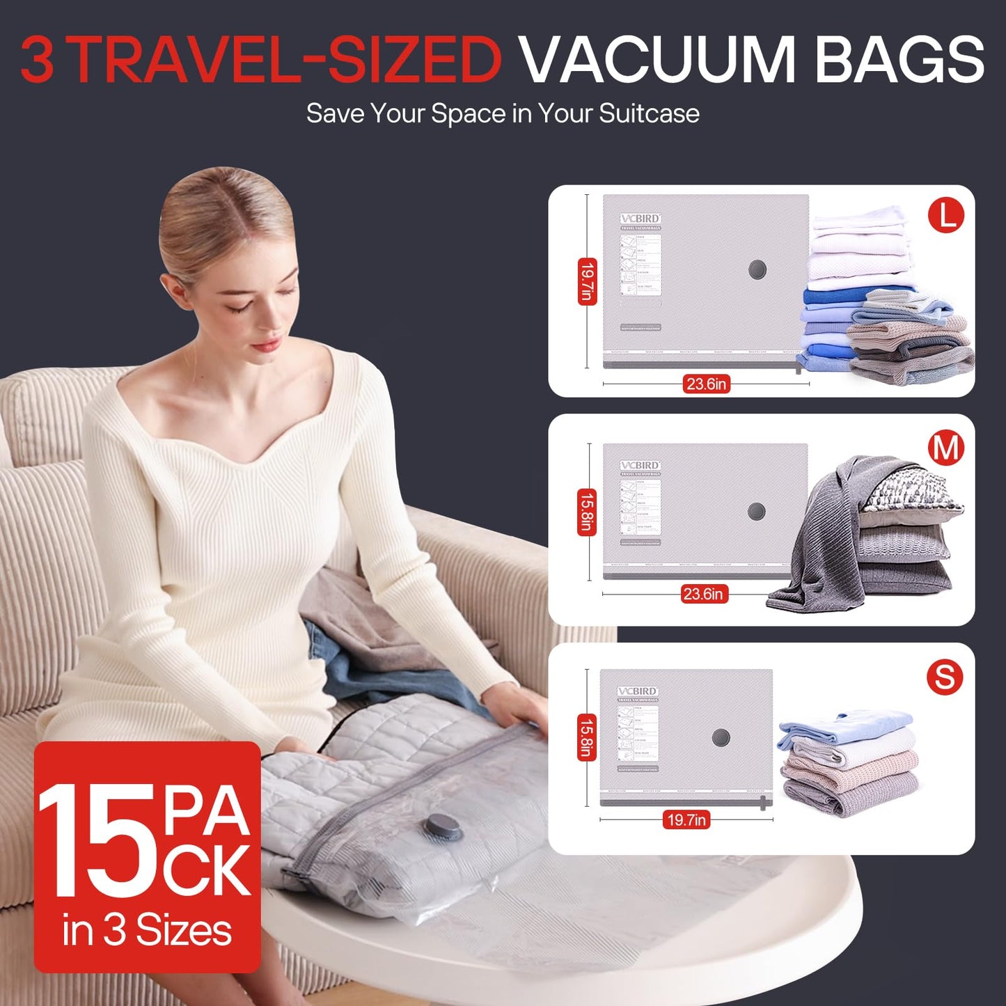 Vacbird 15 Pack Refill Vacuum Storage Bags for Travel - No Pump
