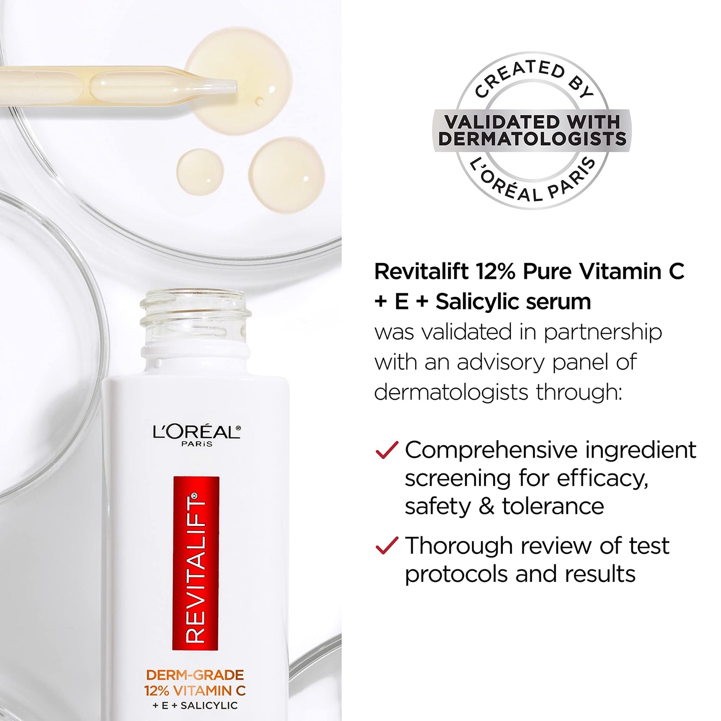 L'Oreal Paris Revitalift 12% Pure Vitamin C Serum, Brightening Serum For Face with Vitamin E, Salicylic Acid, 1 oz + Moisturizer Sample