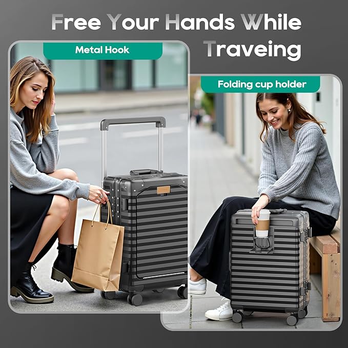 Joyway 20 Inch Carry on Luggage with Aluminium Frame and Front Pocket, PC Hardshell Suitcase with USB Port and Cup Holder, 21.5x14.2x9 Airline Approved, Luggage with Spinner Wheels and TSA Lock (Grey)