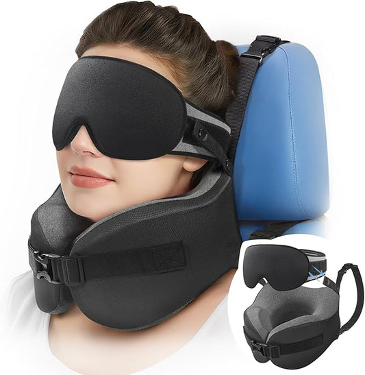 YFONG Travel Pillow for Long Flight Airplanes, Head Strap Combo with 3D Contoured Eye Mask for Sleep, Neck Pillow for Car Trip Essential, 360° Support Memory Foam Headrest, Prevent Head Bobbing, Black
