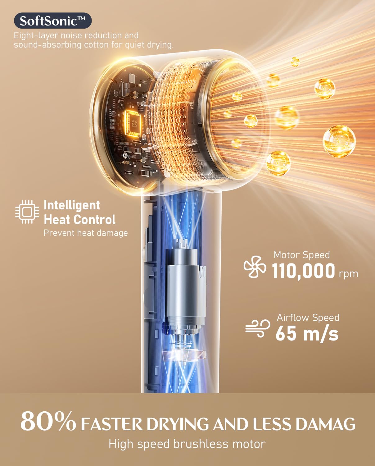 Fanttik Solo SonicDry H10 APEX 80% Faster Drying with 110,000 RPM Brushless Motor Hair Dryer, 56dB Low-Noise, 0.74lb Ultra-Light Blow Dryer, Ionic Tech for Travel, Home, Salon - Grey