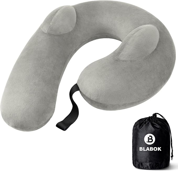 Travel Neck Pillow for Airplane, Travel Pillow Support Head and Neck, Comfortable & Washable Cover, Inflatable Neck Pillow for Traveling,Car,Office,Home (Grey)