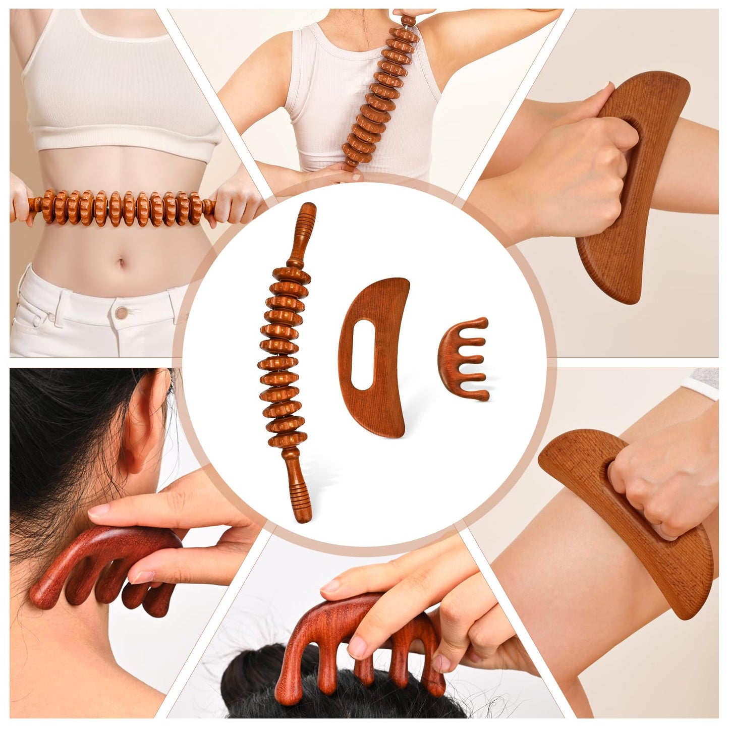 3-in-1 Wood Therapy Massage Tools Wooden Gua Sha Lymphatic Drainage Massager Body Sculpting Tools, Maderoterapia kit, Anti-Cellulite, Body Sculpting & Contouring