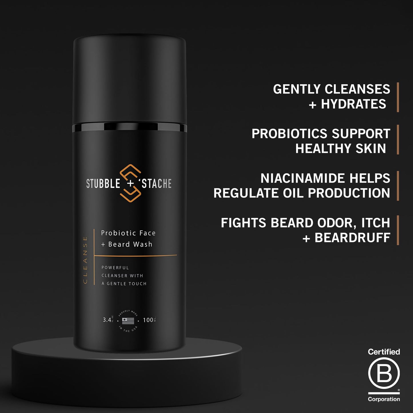 stubble & stache Face Wash and Beard Wash for Men – Daily Facial Cleanser with Niacinamide, Aloe Vera, Green Tea, and Probiotics – Fragrance-Free – 3.4 fl oz