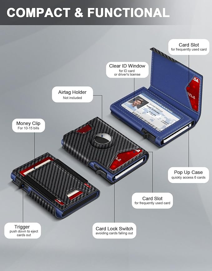 Airtag Wallet for Men, Minimalist Slim Mens Wallet Smart Pop Up Credit Card Holder for 9-13 Cards, RFID Blocking Wallet with ID Window & Cash Slot, Compact Bifold Metal Aluminum Card Case