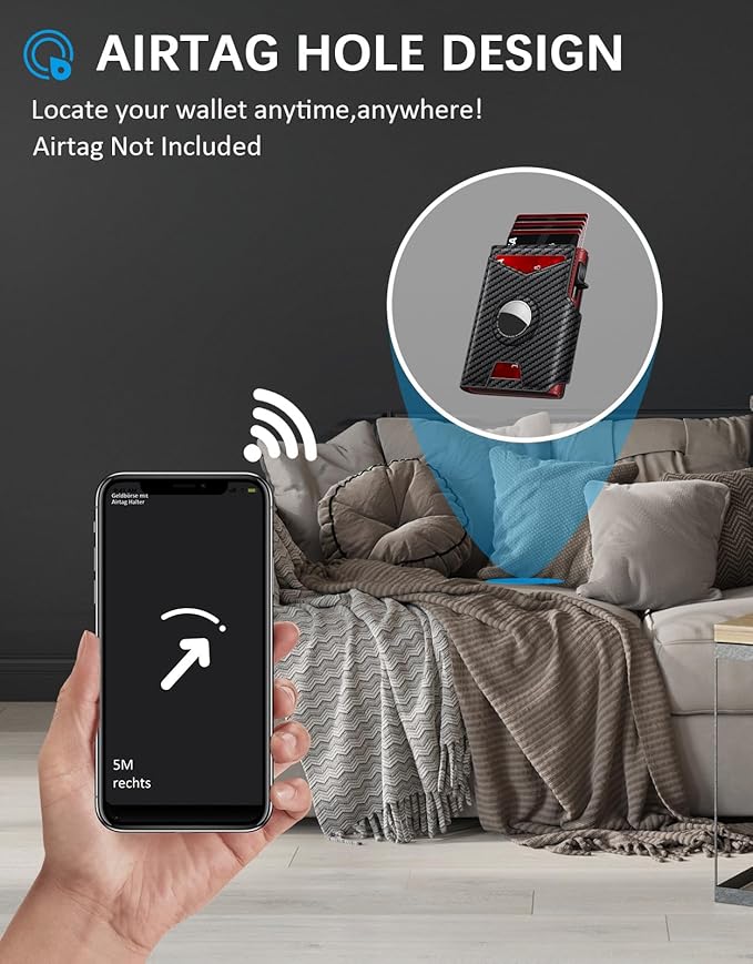 Airtag Wallet for Men, Minimalist Slim Mens Wallet Smart Pop Up Credit Card Holder for 9-13 Cards, RFID Blocking Wallet with ID Window & Cash Slot, Compact Bifold Metal Aluminum Card Case