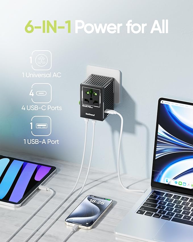 70W Universal Travel Adapter with 4 USB-C & 1 USB-A Ports, International Power Adapter, European Travel Plug Adapter, Worldwide Travel Essentials for EU UK AUS USA