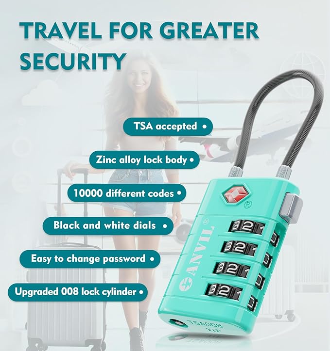 ANVIL 4 Digit Luggage Locks, TSA Locks for Luggage, Advanced TSA008 core, Alert Indicator for Your Travel Lock, Suitcase Lock.(3, 3 Colors)