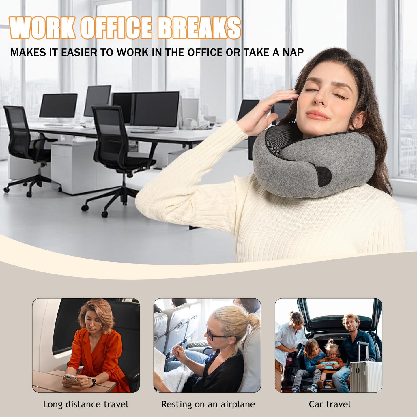 Hanmeimei Travel Neck Pillows for Airplanes Or Cars, 360° Head Support for Comfort On Long Flight, Skin-Friendly and Breathable, Kit with 3D Contoured Eye Mask, Earplugs and Storage Bag