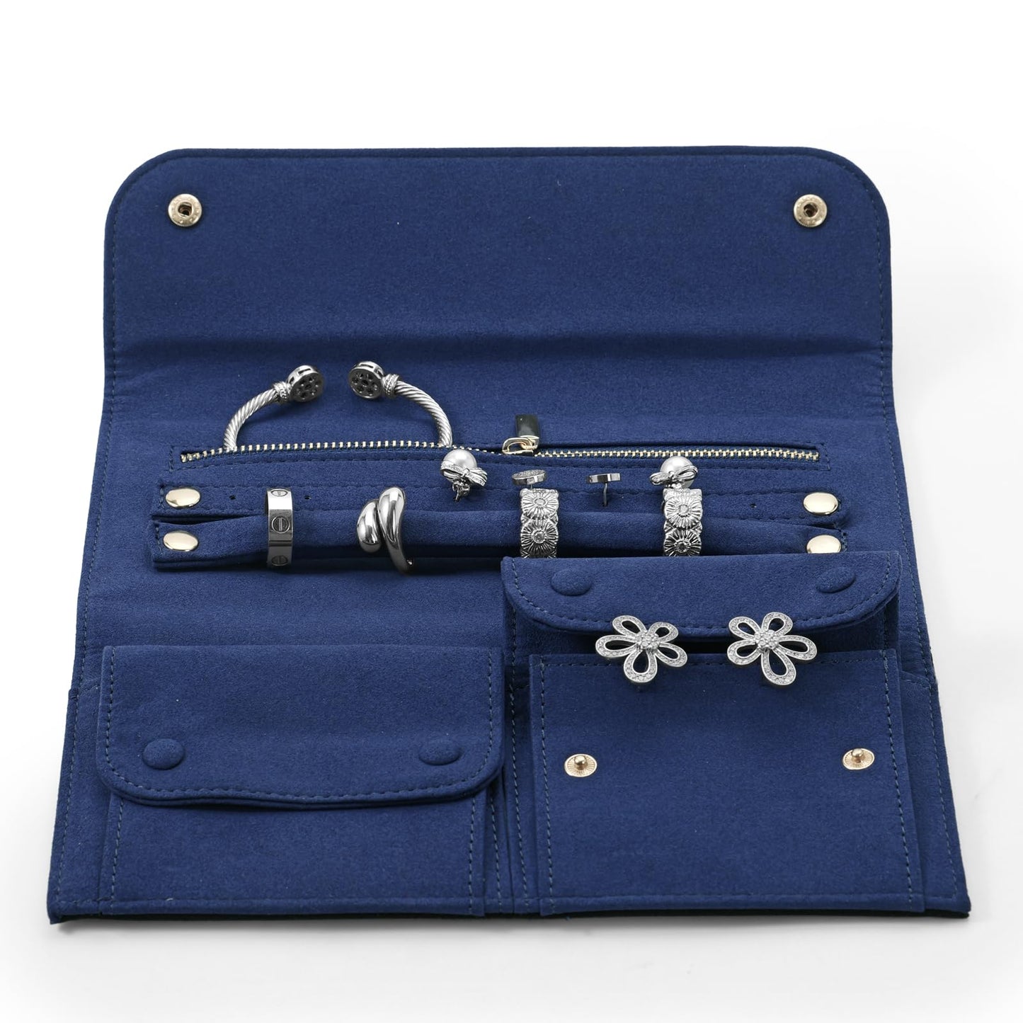 Papten Leather Travel Jewelry Organizer Bag Foldable Jewelry Case with Tangle-Free Pouch, Expandable Jewelry Roll Organizer for Necklaces, Earrings, Rings Storage for Travel Accessories(Black+Blue)