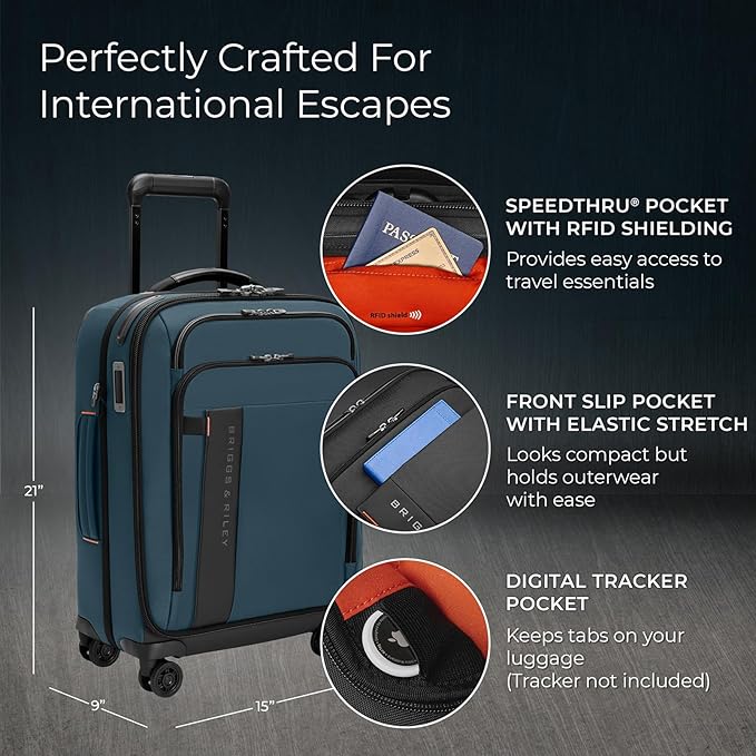 Briggs & Riley International 21" Carry On Expandable Spinner - Luggage for Travel, Suitcases with Wheels, Softside Rolling Bag for Men & Women - ZDX Collection, Ocean