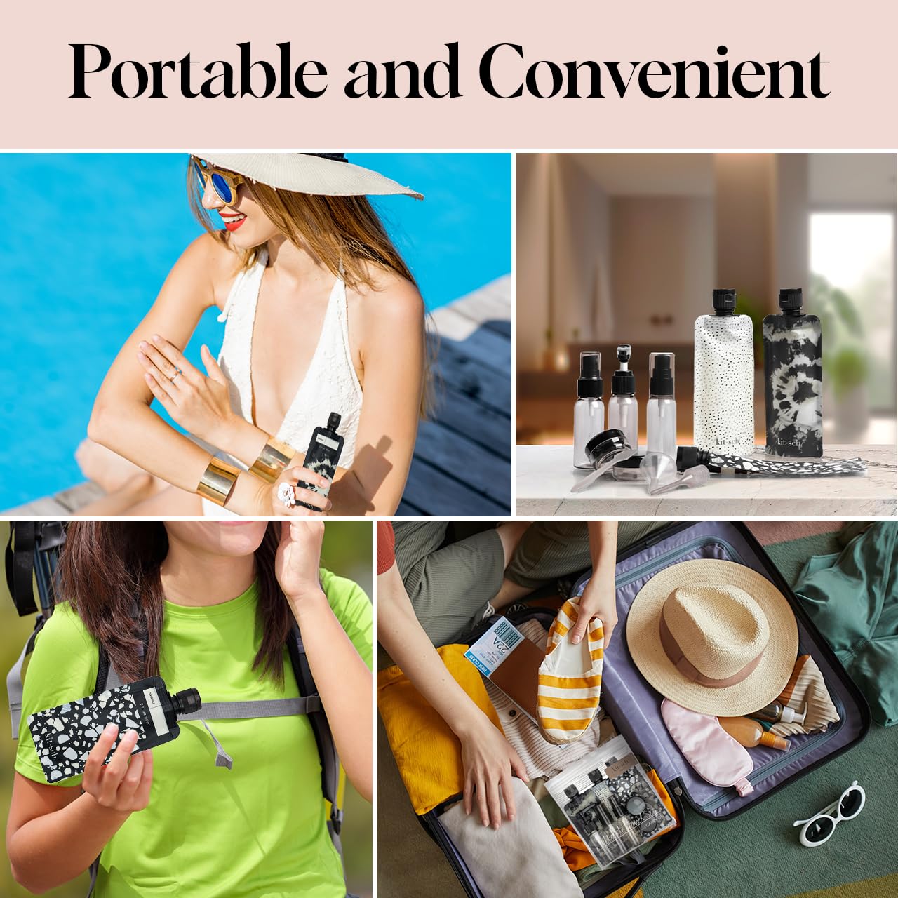 Kitsch 11 PCS Travel Bottles for Toiletries – Travel Essentials Kit for Shampoo, Conditioner, Lotion & More - TSA Approved Travel Bottles, Leak-Proof Refillable Travel Size Containers - Black & Ivory