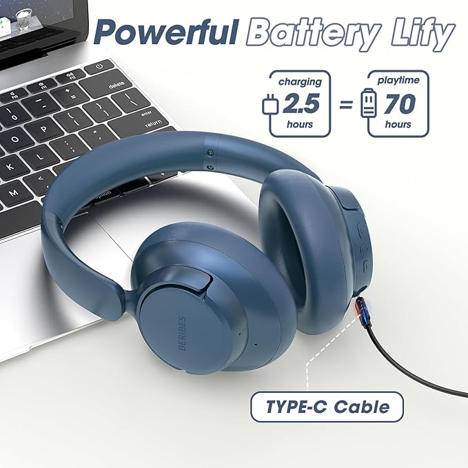 BERIBES Upgraded Hybrid Active Noise Cancelling Wireless Headphones with Transparent Modes,70H Playtime Bluetooth Headphones Wireless with Mic, Deep Bass,3.5MM Cable,Soft-Earpads,Fast Charging-Blue