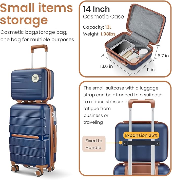 4-Piece Luggage Set with Double Spinner Wheels, Expandable Hardside Suitcases with TSA Lock (14/20/24/28), Durable PP Material Hardshell Travel Luggage for Men and Women (Blue)