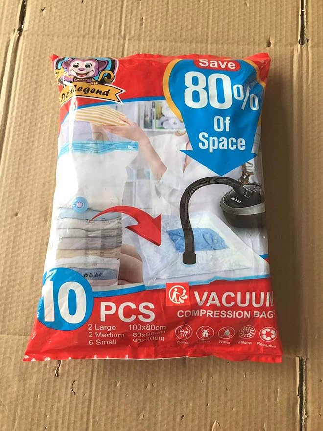 BoxLegend Vacuum Storage Bags 10 Combo Vacuum Pack Bags Space Saving Double Zipper Seal & Leak Valve Reusable for Clothes Pillow Comforters Bedding,2XL, 2L, 6S, 1 Large Pump