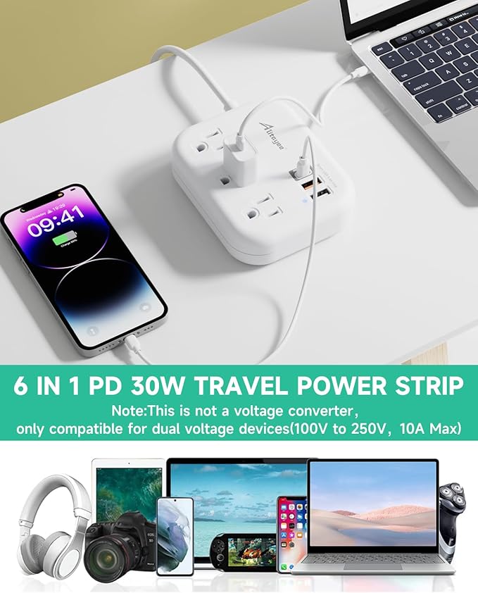 Alitayee PD30W USB C Travel Power Strip, European Travel Plug Adapter with 3 Outlets 3 USB Ports, International Universal Plug Adapter with 4ft Extension Cord to EU US UK Italy Spain France Germany