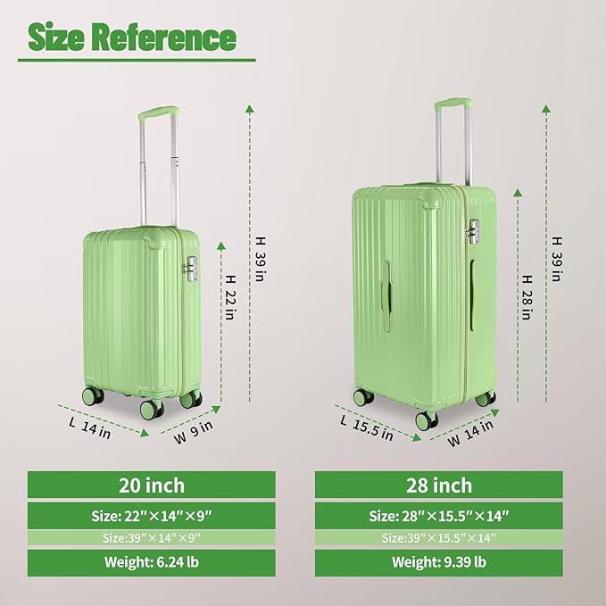 Carry-on 20 Inch and 28 Inch Square Thickened ABS+PC Hard Shell luggage, 2-Piece Suitcase Set with TSA Lock & Dual Zipper Mesh Inner Layer Design, Avocado Green