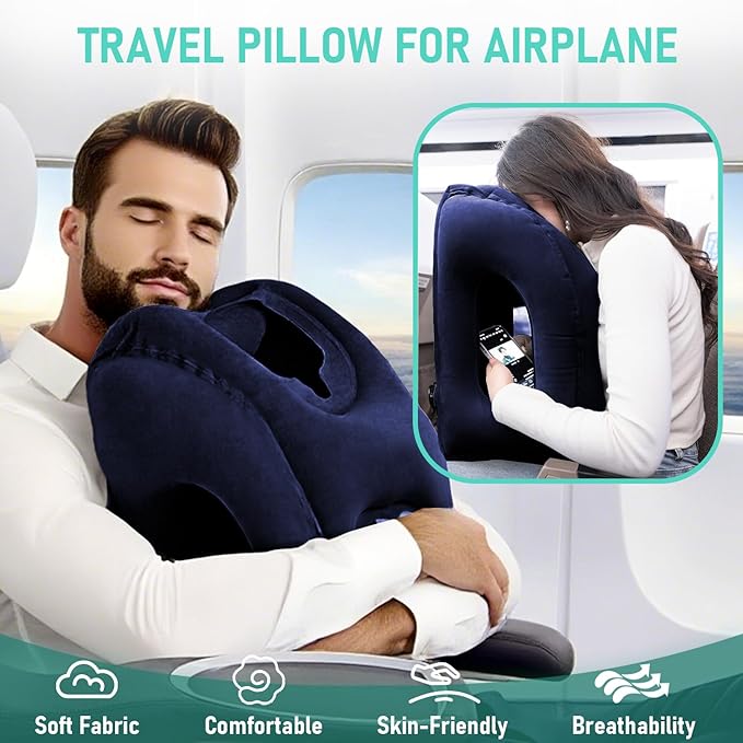 Inflatable Travel Pillow for Airplanes, Airplane Pillow for Supports Neck, Used for Planes, Trains, Cars, Includes Storage Bag, Eye Mask & Earplugs (Blue)