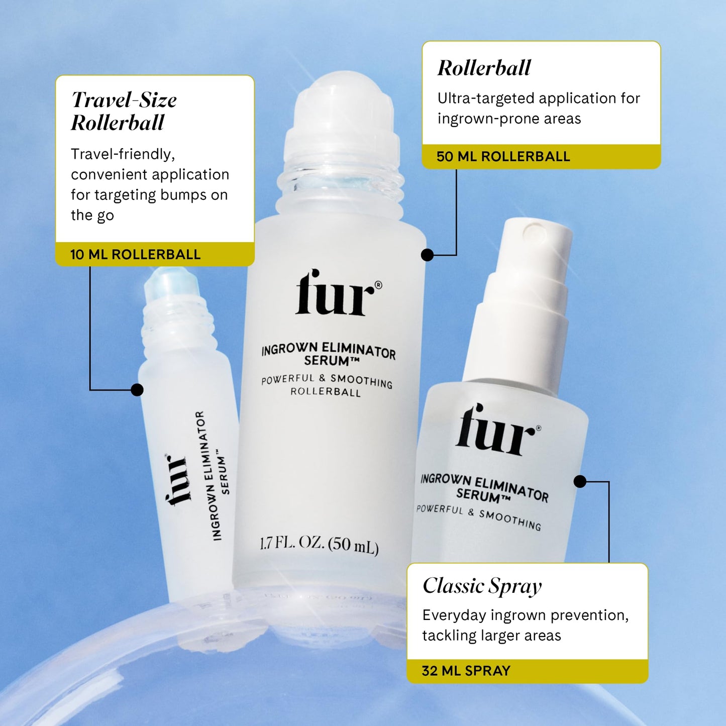 Fur Ingrown Eliminator Serum Rollerball Travel Size - Powerful Ingrown Hair Treatment Serum With AHAs and BHAs to Treat and Prevent Ingrown Hairs and Bumps, Hydrates and Soothes Irritated Skin - 10 ml