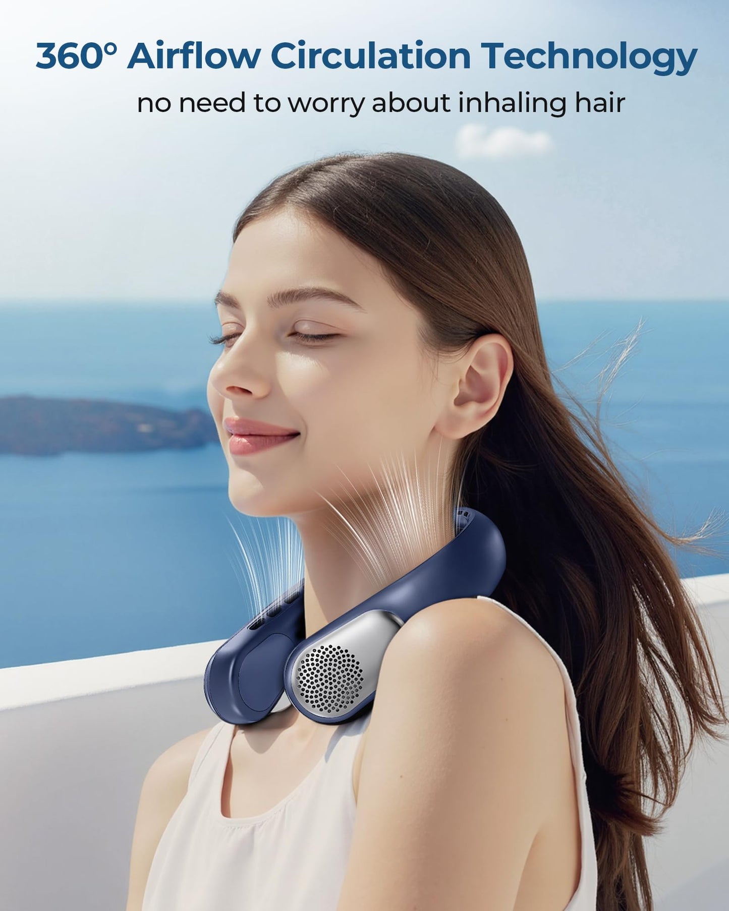 wegte Portable Neck Fan Rechargeable, 3 Speed Settings, Wearable Bladeless Neck Fan, 360°Personal Fan Neck Cooler with 4000mAh Battery,Twistable Lightweight and Quiet–Birthday Gift for Women-Blue