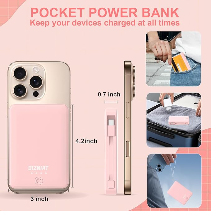 Power Bank,Pink Portable Charger w/Type C Charger Fast Charging & Built in USB C Cable,10000mAh 4 Outputs Battery Pack Clutch Charger for Apple iPhone17-11,Galaxy,Birthday Gifts for Women