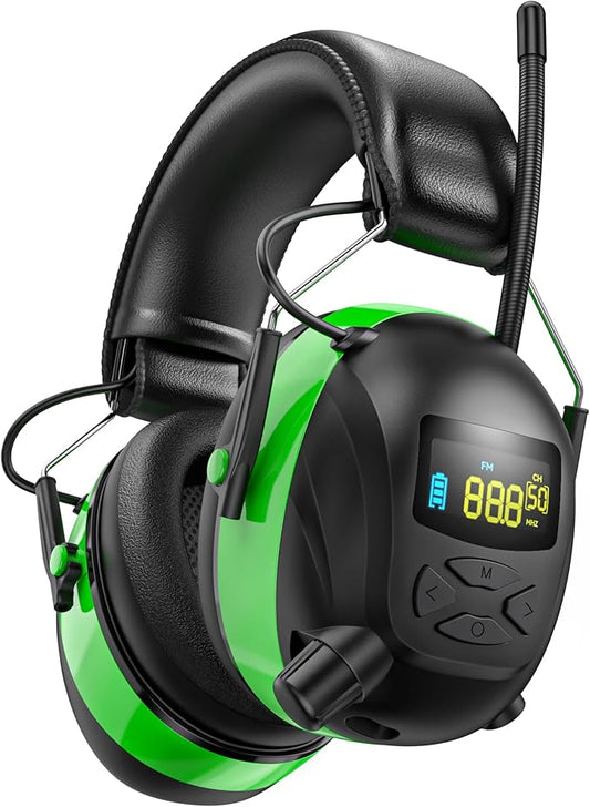 Bluetooth 5.4 AM/FM Radio Ear Protection Headphones with Backlit Digital Display/Mic, 120H Working Time, Rechargeable, 30dB Noise Reduction Safety Earmuffs for Lawn Mowing, Workshop - Green