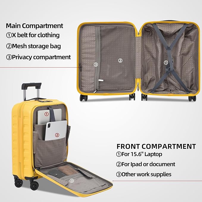 19 Inch Suitcase Hand Luggage with Front Pocket for 15.6" Laptop, 35 * 23 * 55cm, 43L, Ligthweight ABS+PC Hardshell Carry On, Yellow