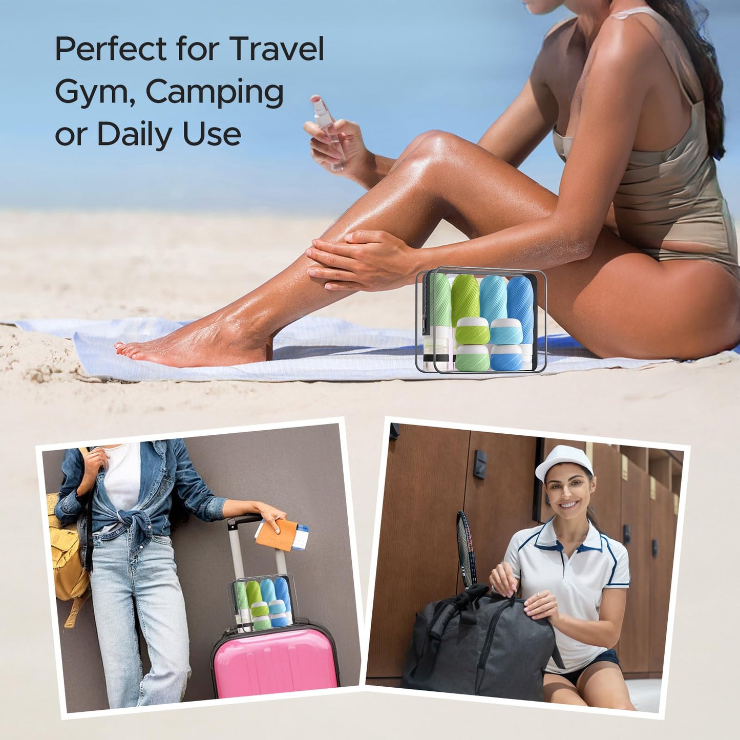 23 Pack TSA Approved Travel Bottles for Toiletries, Leak Proof Refillable Travel Size Containers Kit with Silicone Squeezable Bottles Jars for Shampoo Lotion Conditioner, in Clear Bag, Blue