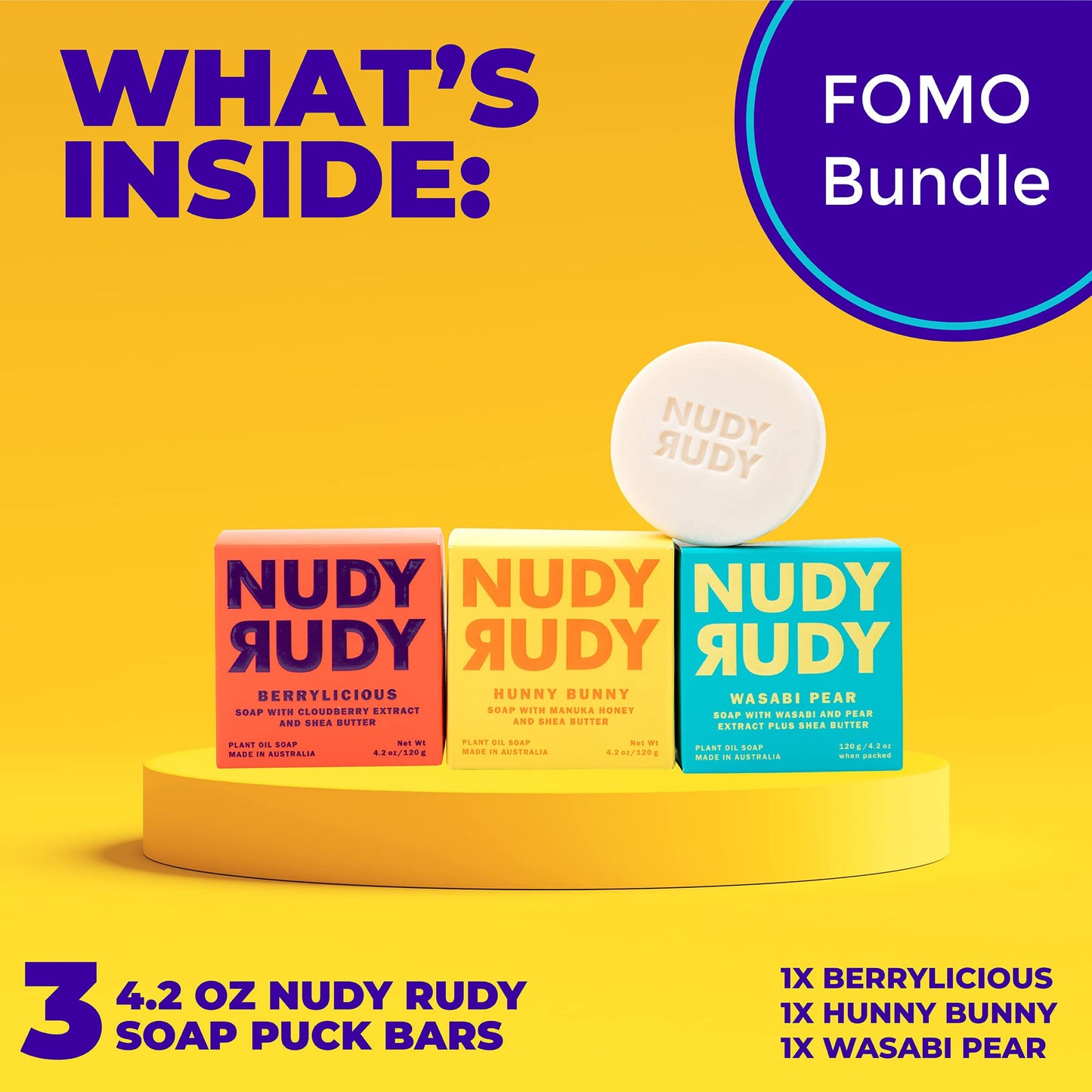 Nudy Rudy FOMO Bundle Bar Soap Pucks, Includes Hunny Bunny, Wasabi Pear, Berrylicious, Made with Organic Shea Butter, Pure Plant Oils, Triple Milled Bars, All Skin Types, 4.2 oz Each - Pack of 3