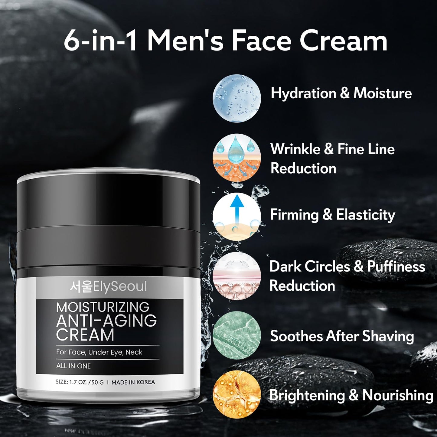 Korean 6 in 1 Face Cream for Men: Anti-Aging Skin Care Facial Moisturizer for Wrinkles Under Eye Bags Dark Circles Puffiness & Firming with Retinol Collagen Peptides Caffeine & Hyaluronic Acid, 1.7 oz