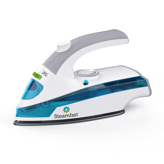 Steamfast SF-710 Mini Steam Iron, Non-Stick Sole Plate, Foldable Handle, 45 Second Heat Up Time, Cord Storage, Portable, 6-Foot Power Cord, Chemical-Free Steam Power, White