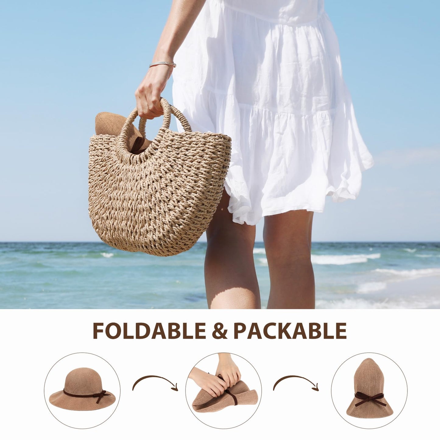 Sun Beach Hats Summer for Women, UPF 50+ UV Sun Protection Woven Crochet Hat Foldable Packable Roll up Knitted Cap, Khaki