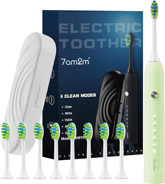 7AM2M Sonic Electric Toothbrush for Adults and Kids, with 8 Brush Heads and Travel Case,5 Modes with 2 Minutes Build in Smart Timer, One Charge Use for 90 Days, Rechargeable Toothbrushes (Light Green)