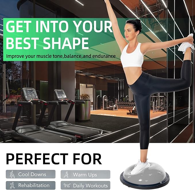 Balance Ball Trainer-Half Ball for Yoga with Resistance Band and Foot Pump, Improve Workout Half Balance Ball,Exercise Balance Ball for Stability Training and Home Gym