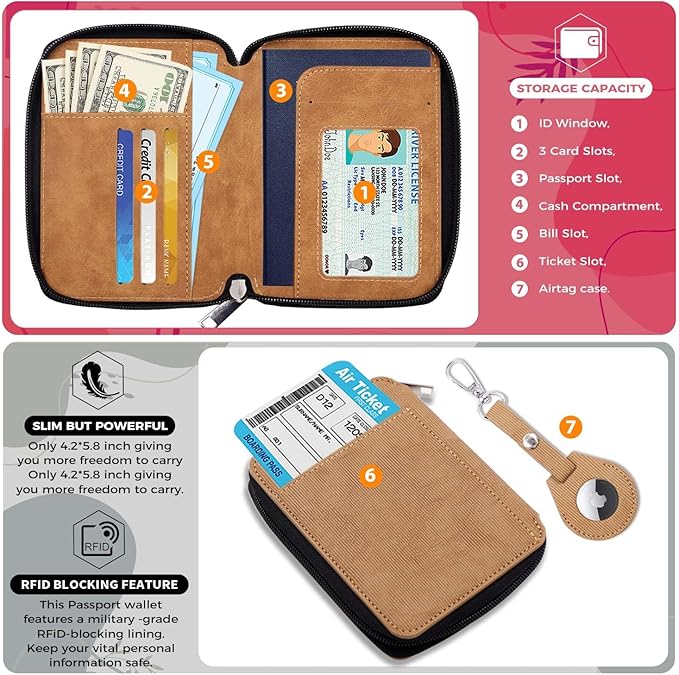 Cnycmy Passport Holder With Airtag, RFID Wallet for Women, Waterproof PU Leather Travel Case With Slot (Brown3)