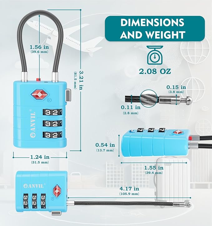 ANVIL TSA Approved Luggage Locks – High Security TSA008 Combination Travel Locks with Inspection Indicator for Suitcases and Backpacks. (4 Colors)