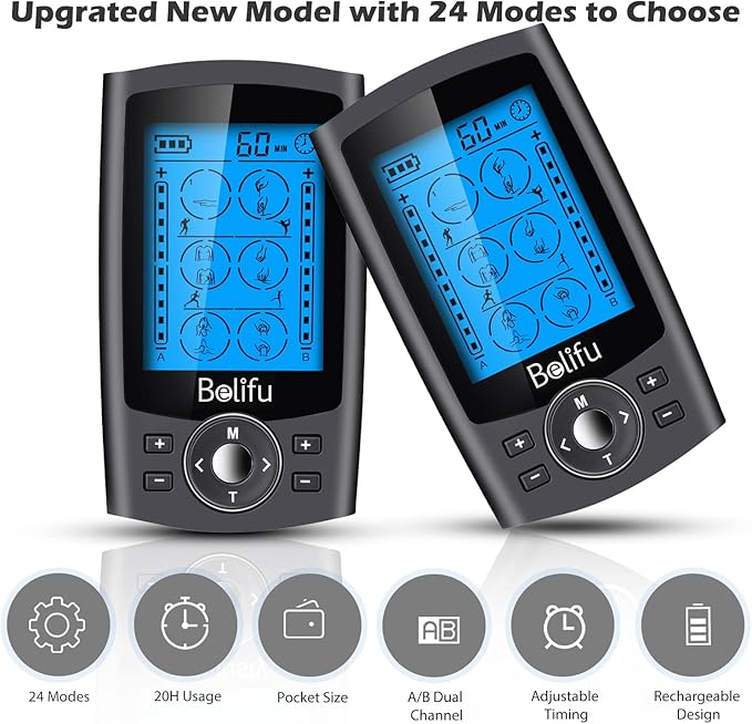 Belifu Dual Channel TENS EMS Unit with 12 Pads, 24 Modes Muscle Stimulator, Electronic Pulse Massager Muscle Massager for Pain Relief Therapy, Fastening Cable Ties, Dust-Proof Drawstring Storage Bag