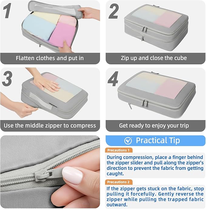 BAGAIL 4 Set/6 Set/8 Set Compression Packing Cubes Travel Accessories Expandable Packing Organizers (Square Mesh, 06-Grey)